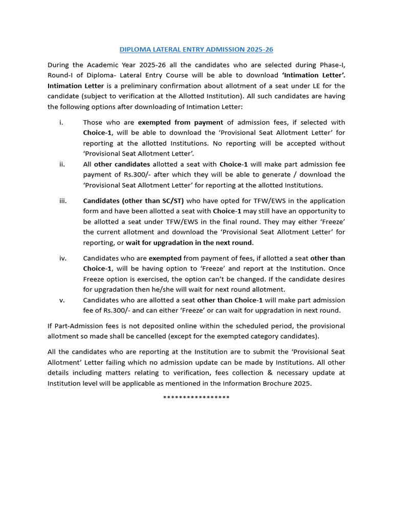 Diploma Lateral Entry Admission 2025 | PDF
