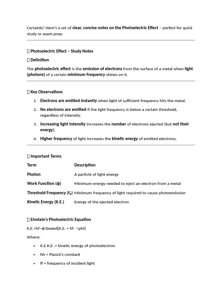 Notes On Photoelectric Effect | PDF