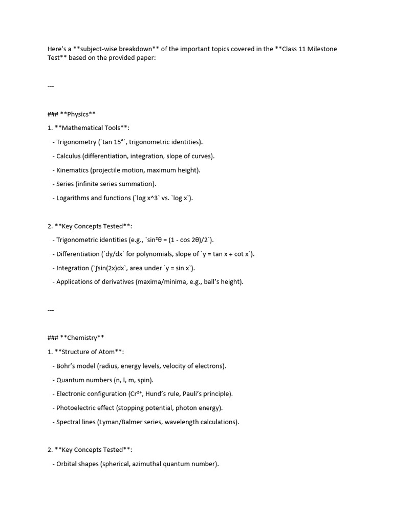 Class 11 Milestone Test Topic Guide | PDF | Equations | Integral