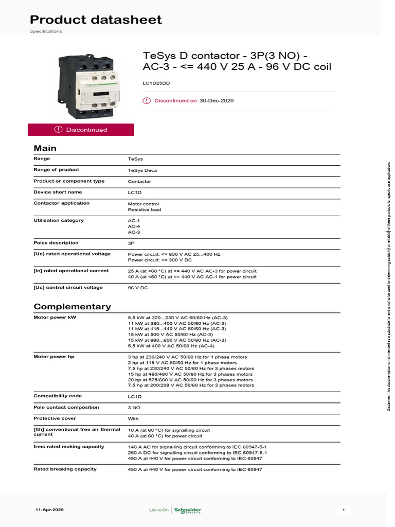 TeSys D Contactor LC1D25DD Datasheet | PDF