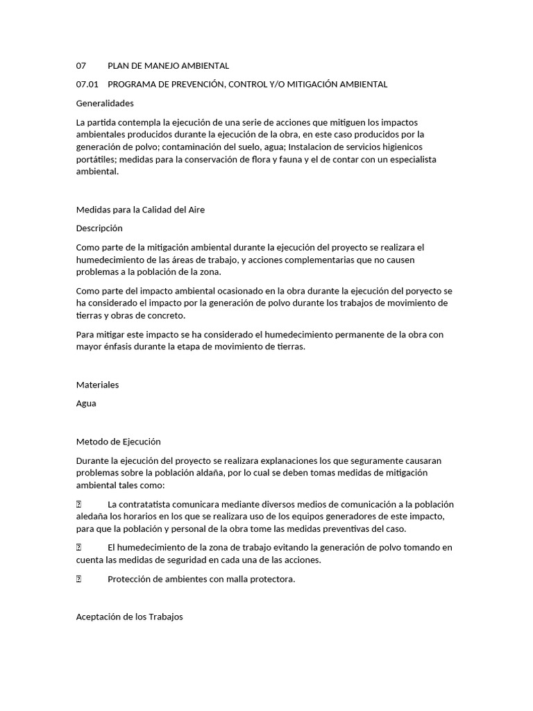 Plan de Manejo Ambiental y Mitigación | PDF | Entorno natural | Agua