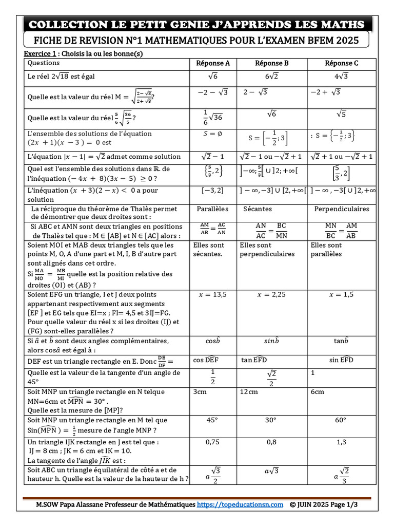 Révision Maths BFEM 2025 | PDF | Mathématiques | Objets mathématiques