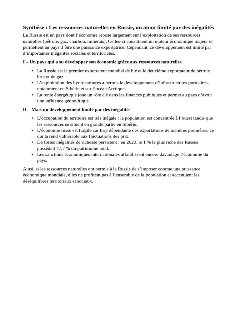 Ressources naturelles en Russie : atouts et inégalités | PDF