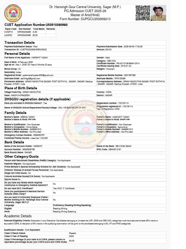 PG Admission Details for CUET 2025-26 | PDF