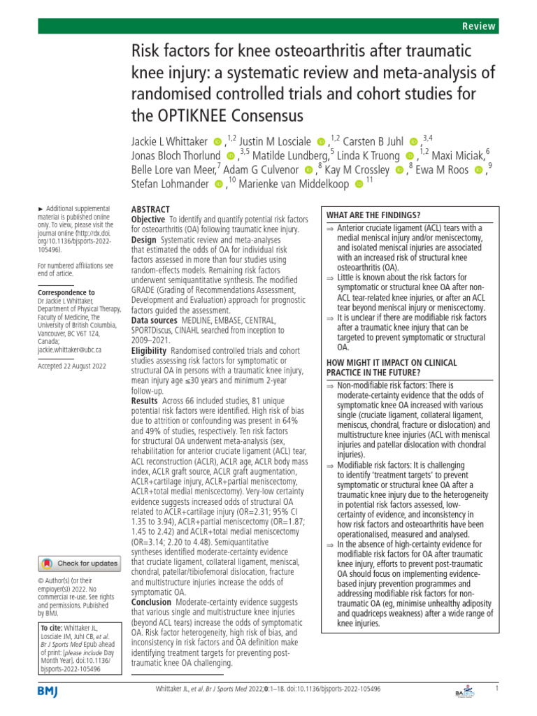 Risk Factors For Knee Osteoarthritis After Traumatic | PDF | Knee ...