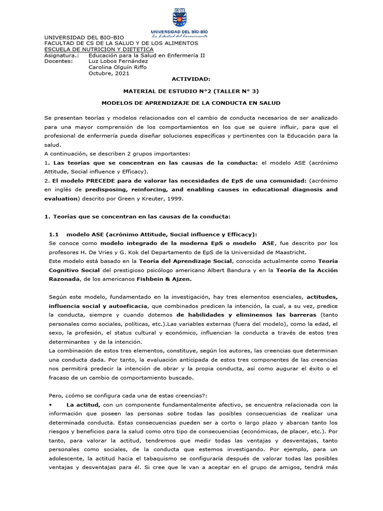 Modelo ASE en Educación para la Salud | PDF | Comportamiento | Autoeficacia