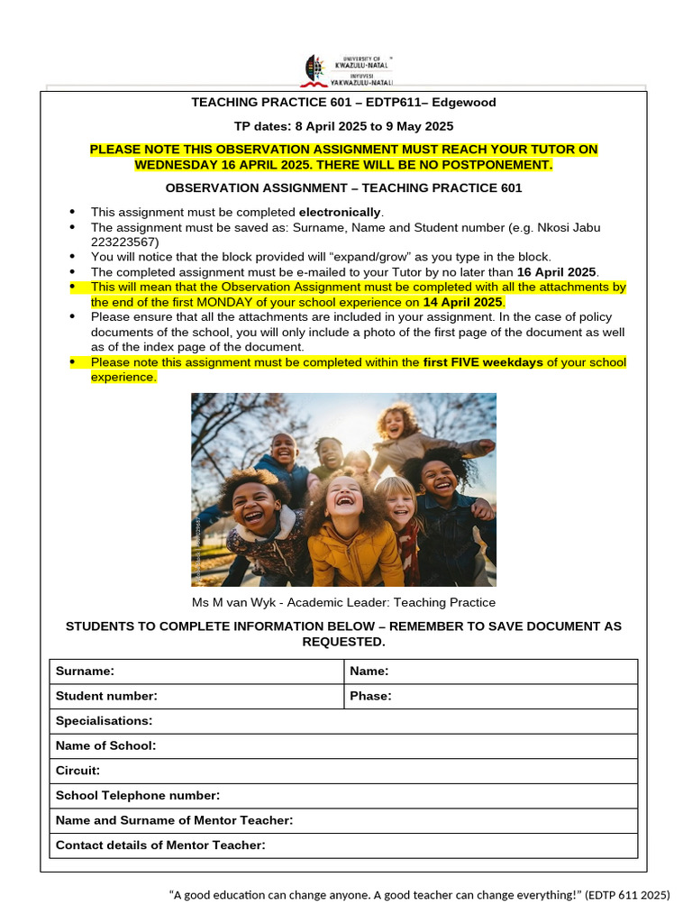 Teaching Practice 601 Observation Guide | PDF | Teachers | Curriculum