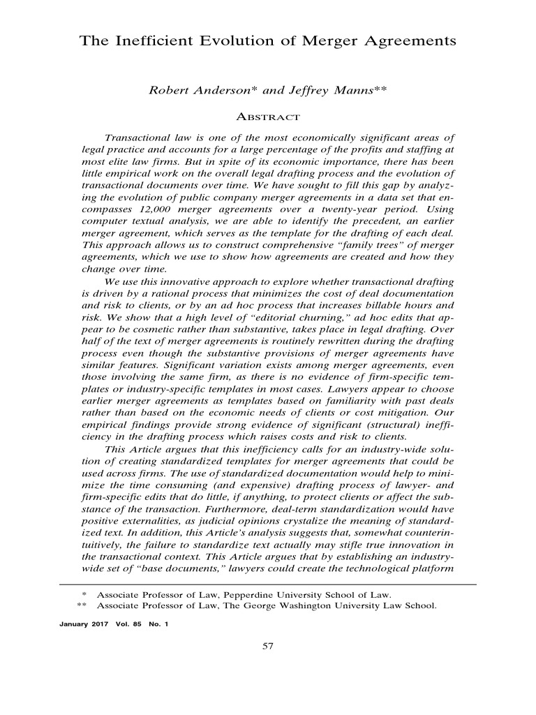 The Inefficient Evolution of Merger Agreements | PDF | Mergers And ...