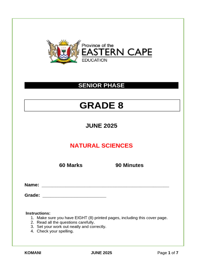 Grade 8 Natural Sciences Exam 2025 | PDF | Matter | Atoms