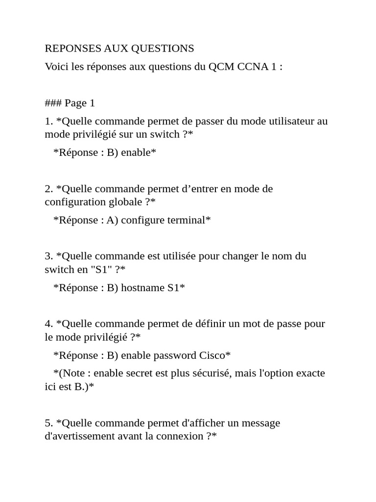 Réponses QCM CCNA 1 | PDF | Adresse IP | Enveloppe de protection