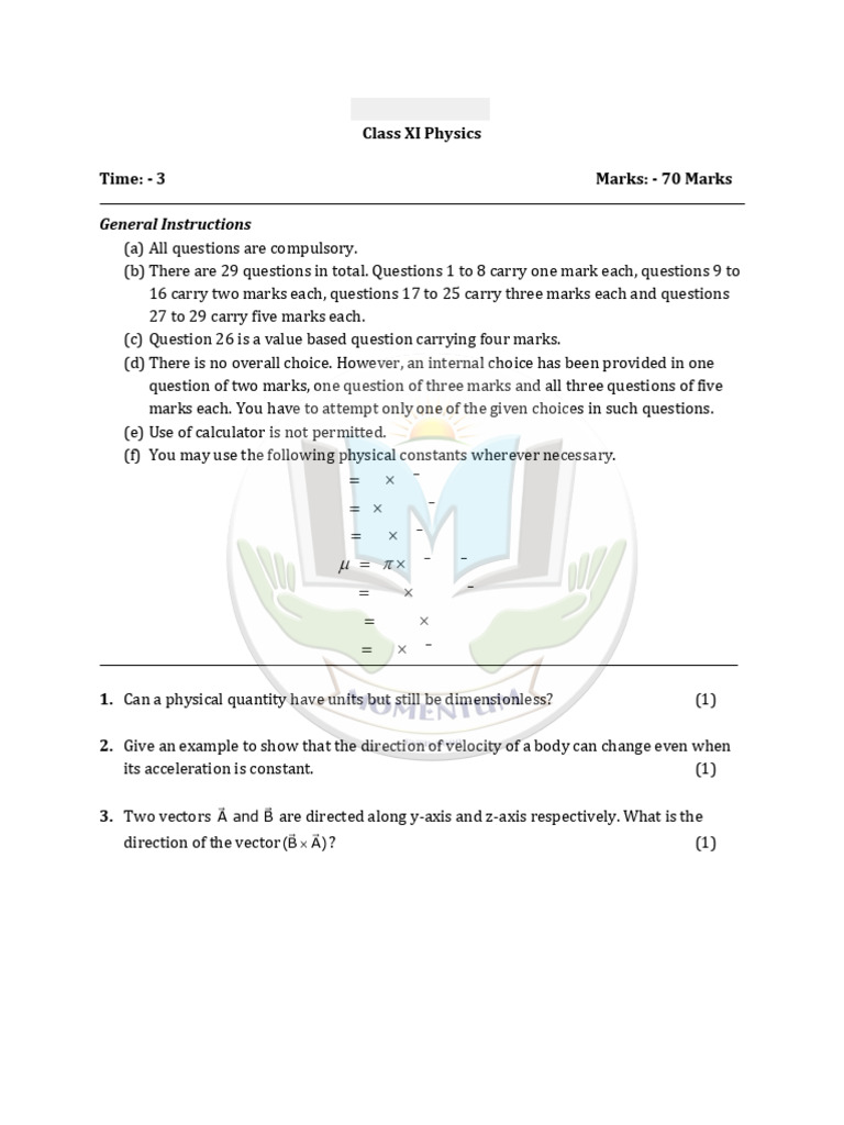 CBSE Class XI Physics Mock Test V | PDF | Force | Gases