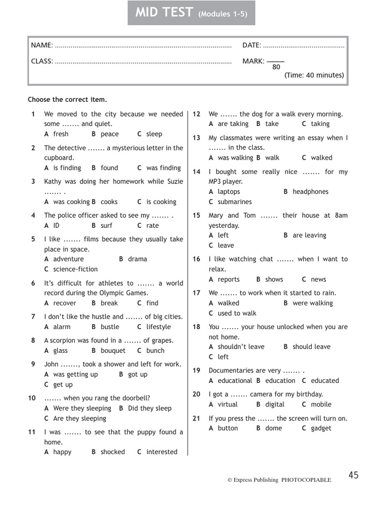 Spotlight 7 Mid Test (1-5) | PDF