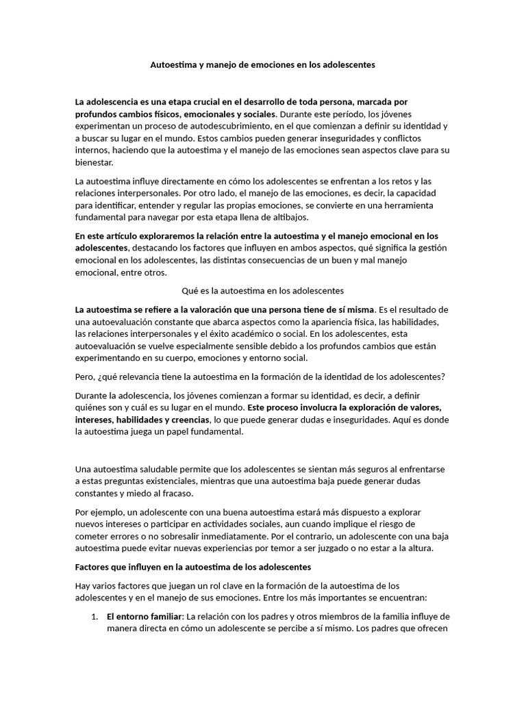 Autoestima y emociones en adolescentes | PDF | Las emociones | Autoestima