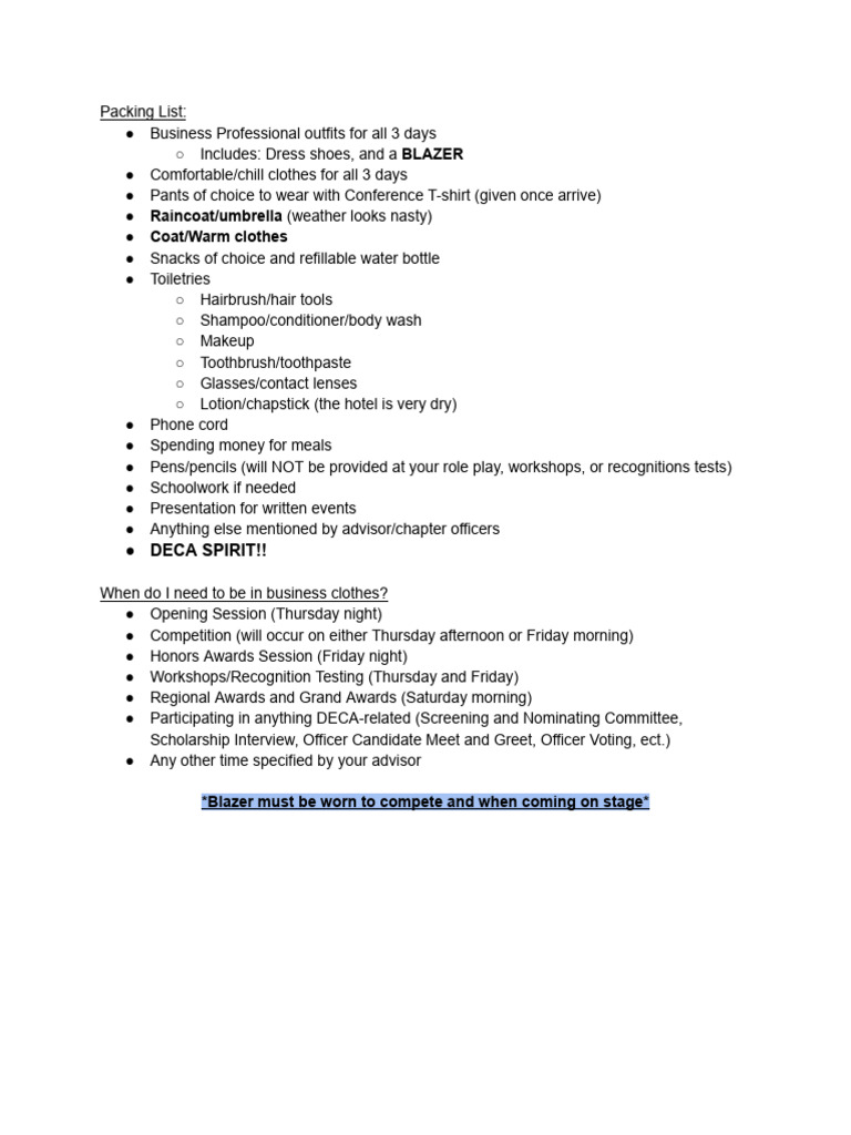 DECA Conference Packing Guidelines | PDF