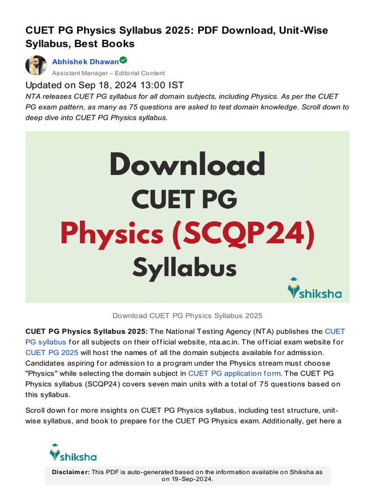 CUET PG Physics Syllabus 2025 Overview | PDF | Waves | Rotation