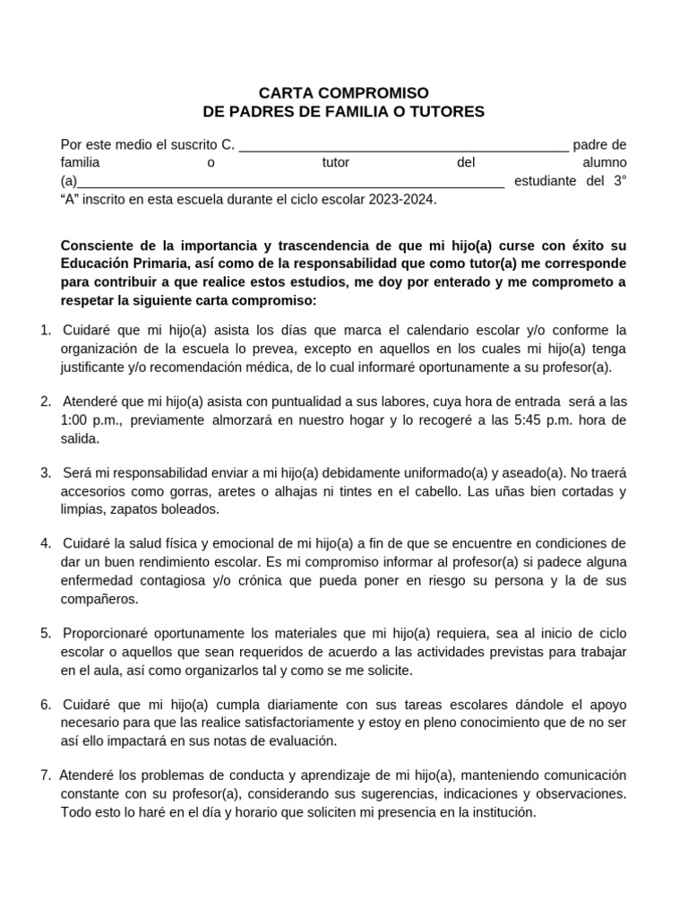 Carta Compromiso de Padres para Escuela | PDF | Comportamiento | Escuelas