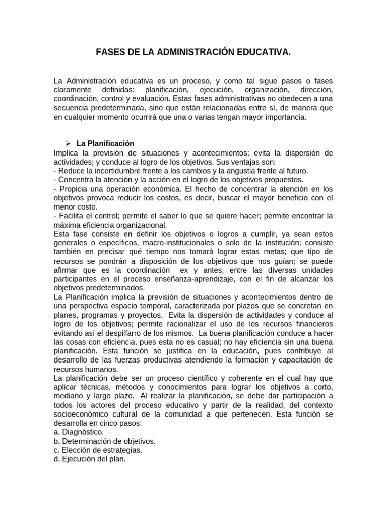 Fases de la Administración Educativa | PDF | Evaluación | Planificación