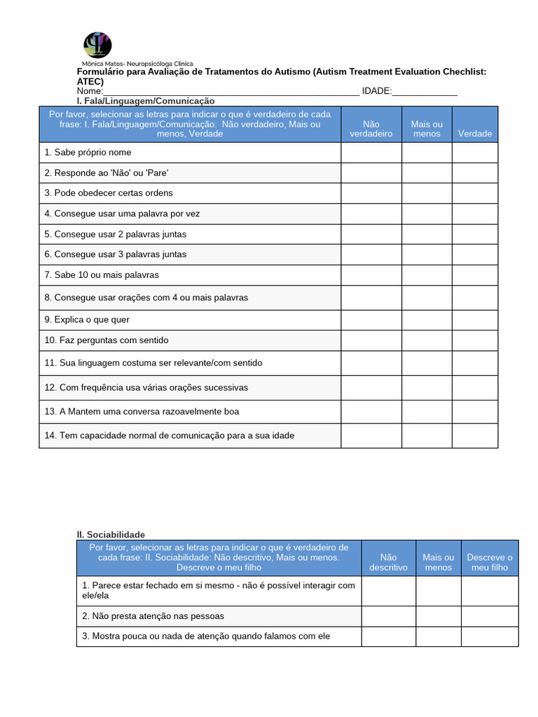 Avaliação do Tratamento do Autismo | PDF | Consciência | Psicologia