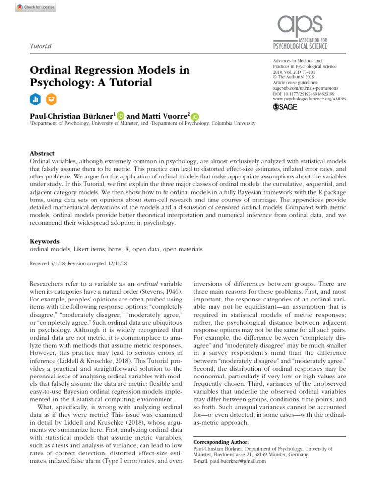 Burkner Vuorre 2019 Ordinal Regression Models in Psychology A Tutorial ...