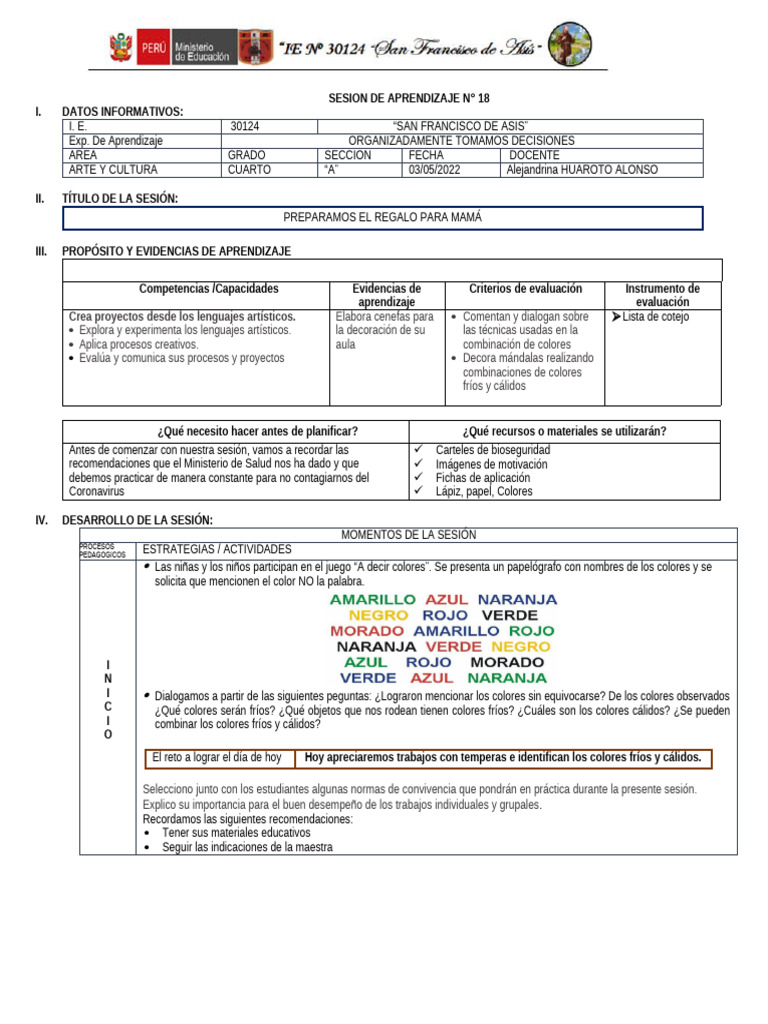 Sesion de Aprendizaje N. 18 Arte y Cultura | PDF | Aprendizaje | Evaluación