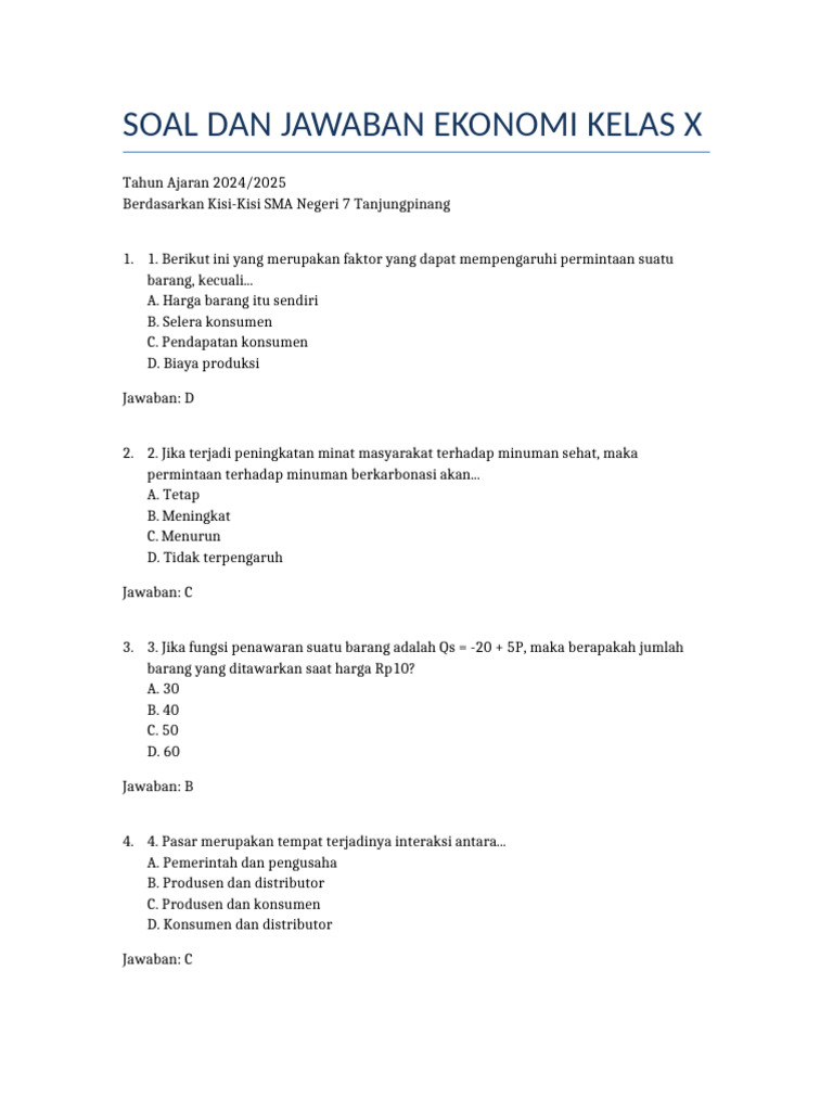 Soal Dan Jawaban Ekonomi Kelas X 2 | PDF
