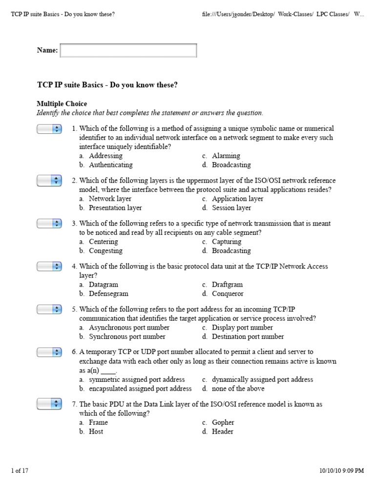 TCP/IP Suite Basics Quiz Questions | PDF | Computer Network ...