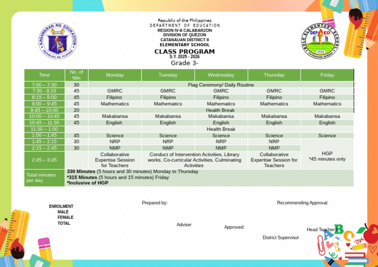 Grade 3 Class Program SY 2025-2026 | PDF