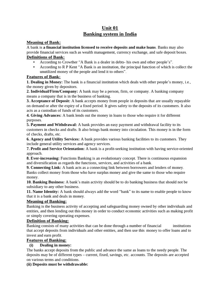 BI - UNIT 1 Notes | PDF | Banks | Reserve Bank Of India