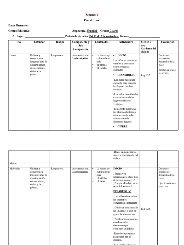 Plan de Clase de Español para Cuarto Grado | PDF | Puntuación ...