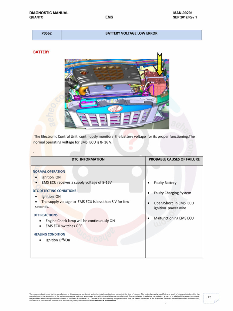 Mahindra Quanto Fault Code P0562 BATTERY VOLTAGE LOW ERROR Page 1 | PDF