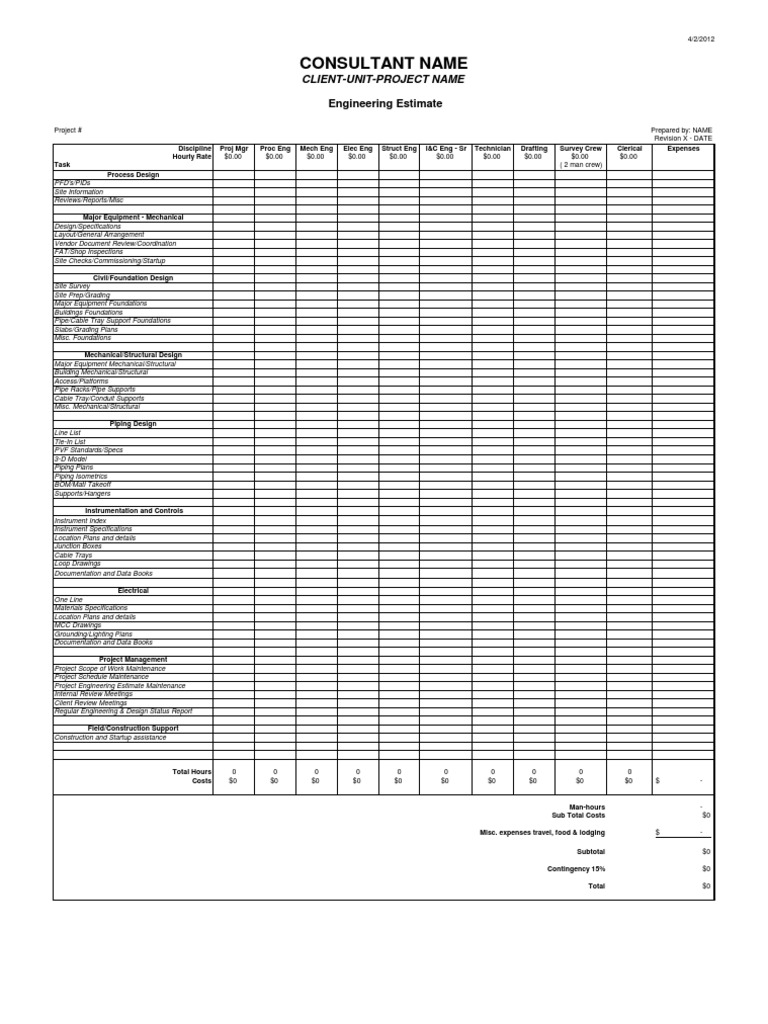 Engineering Fee Estimate Template PDF
