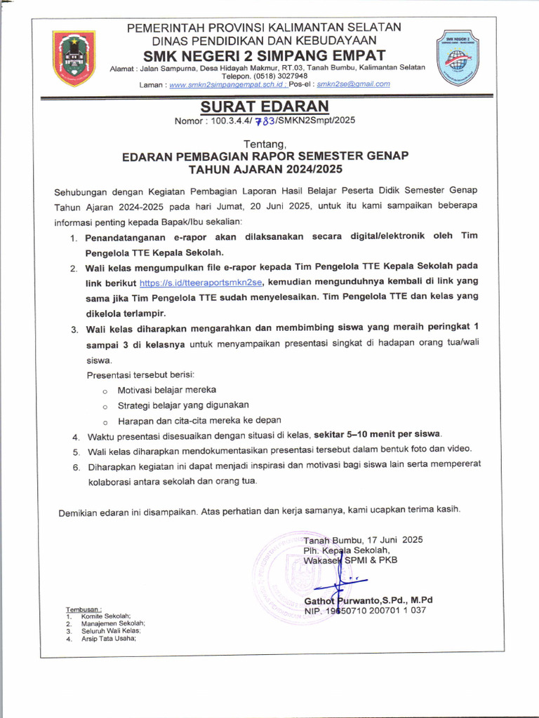 Surat Edaran Tentang Edaran Pembagian Rapor Semester Genap Tahun Ajaran ...