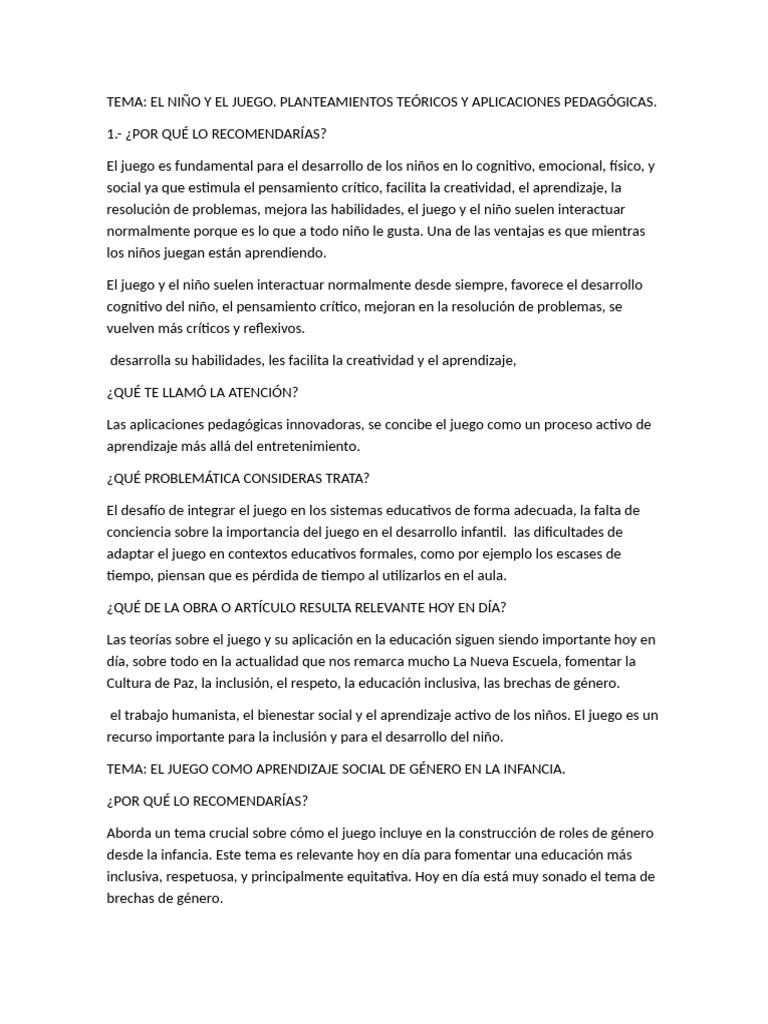 Juego y Aprendizaje en la Infancia | PDF | Aprendizaje | Inclusión ...