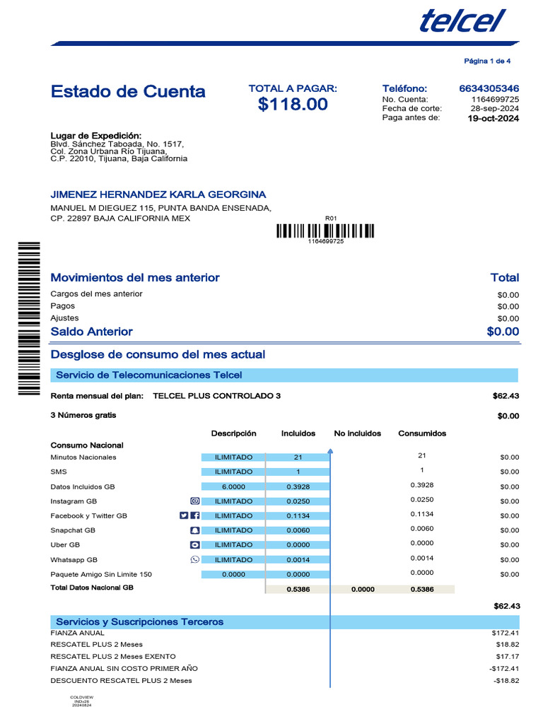 Estado de Cuenta Telcel: $118 a Pagar | PDF | Industrias de servicio