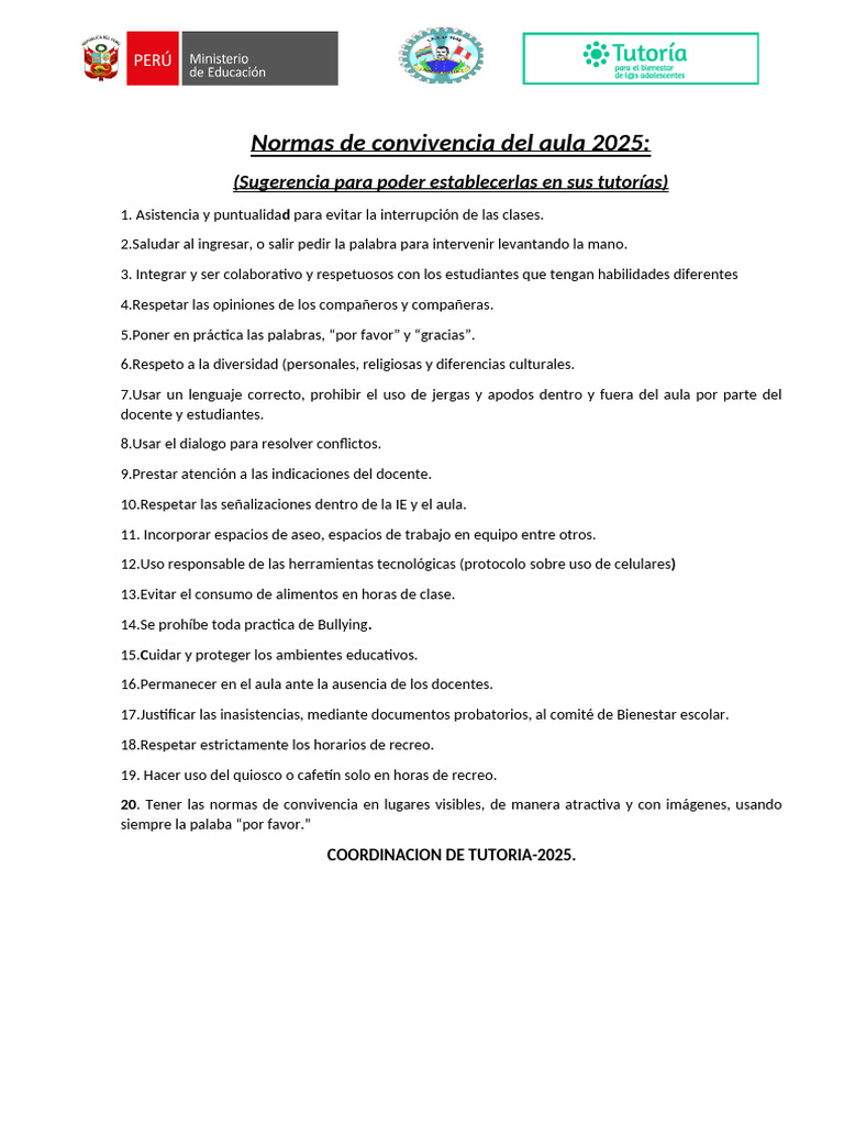 Normas de Convivencia Escolar 2025 | PDF