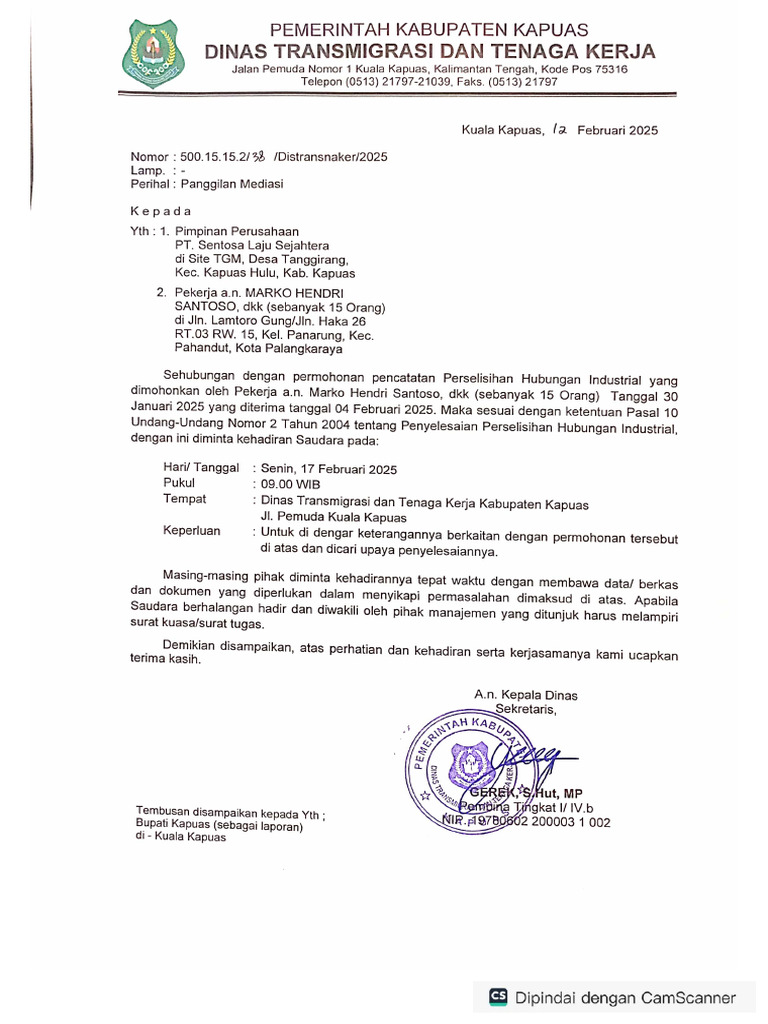 Surat Panggilan Mediasi PT Sentosa Laju Sejahtera | PDF