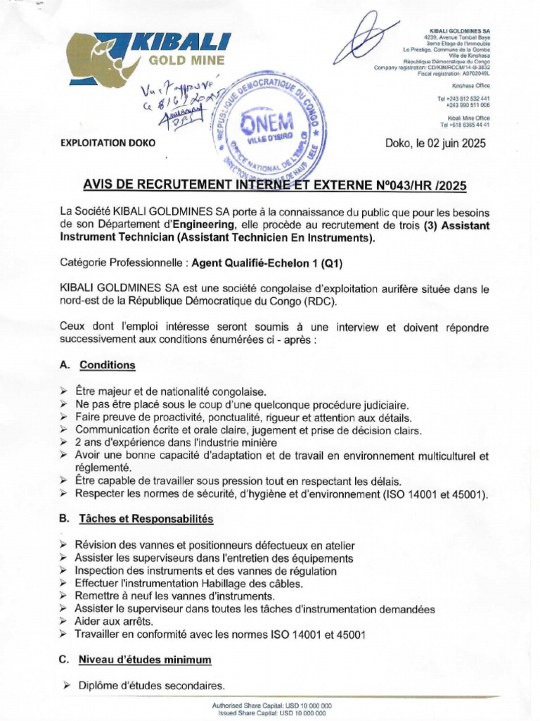 Avis de Recrutement N°43 - Instrument Assistant Technician | PDF