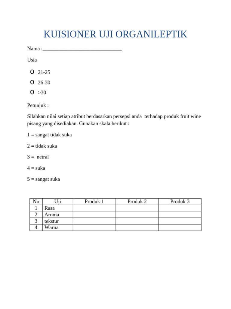 Kuisioner Uji Organoleptik Fruit Wine | PDF