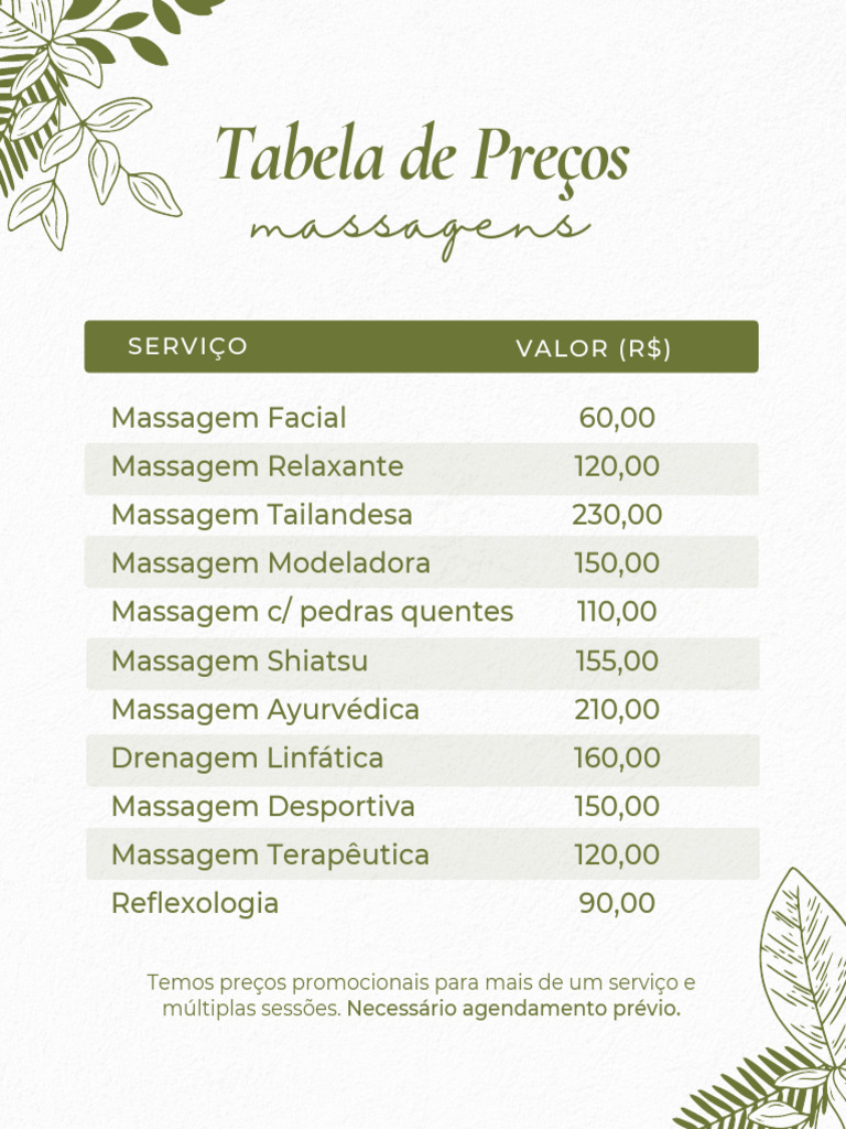 Tabela de Preços Massagem Spa Minimalista Branco e Verde - 20250617 ...