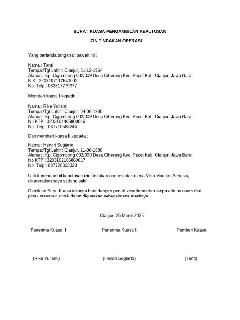 Surat Kuasa Pengambilan Keputusan Operasi | PDF