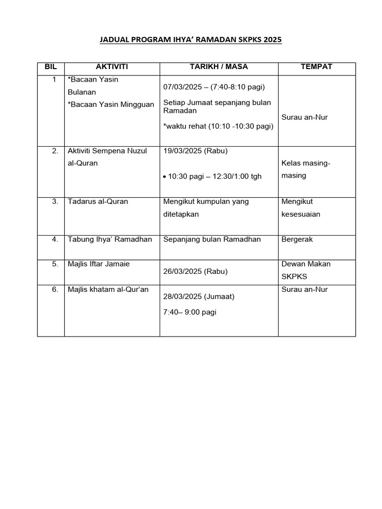 Jadual Program Ihya Ramadan 2025 | PDF