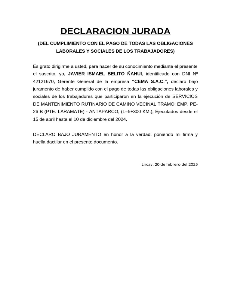 Declaración Jurada de Cumplimiento Laboral | PDF