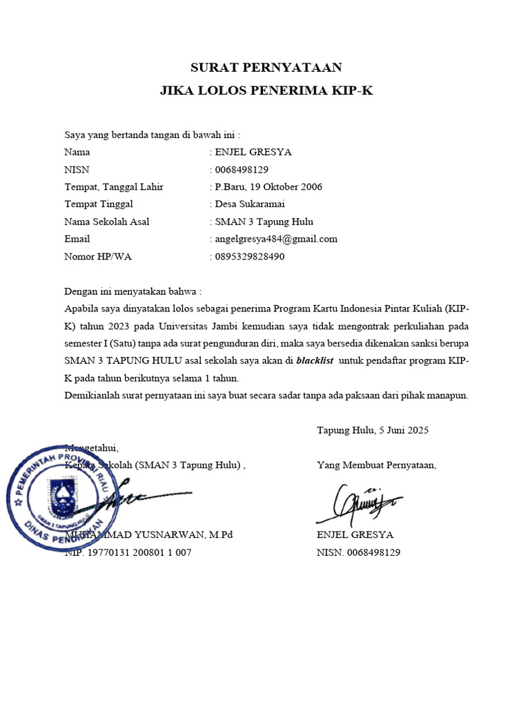 Surat Bersedia Dikeluarkan Dari KIPK ENJELL | PDF