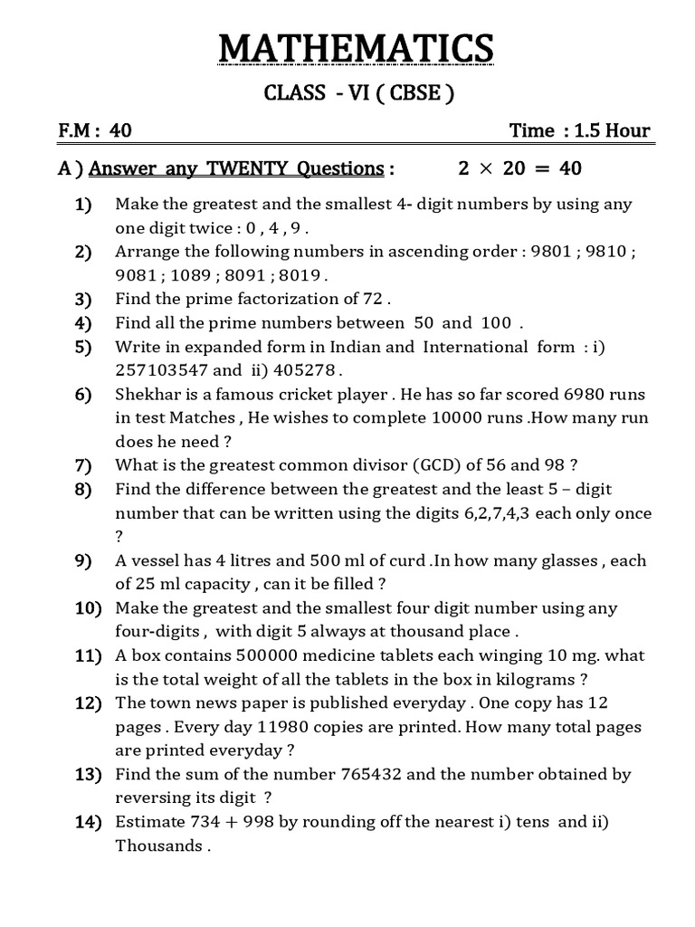 Math Problems for Class VI Students | PDF | Discrete Mathematics ...