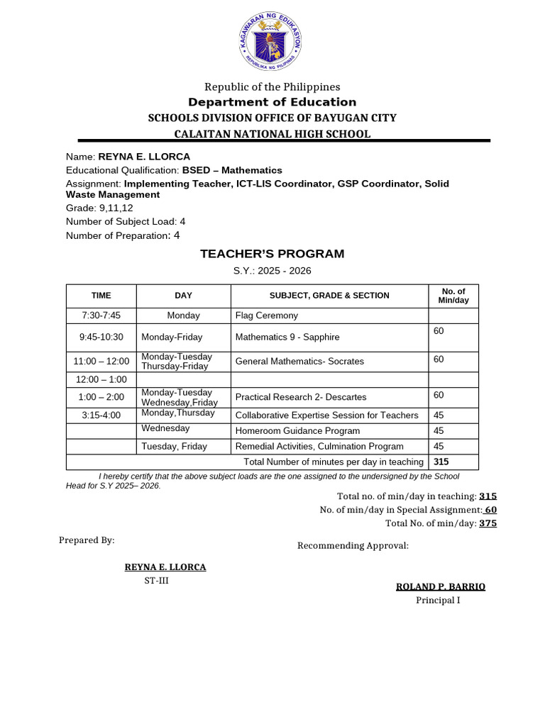 Teacher Assignment and Schedule Overview | PDF