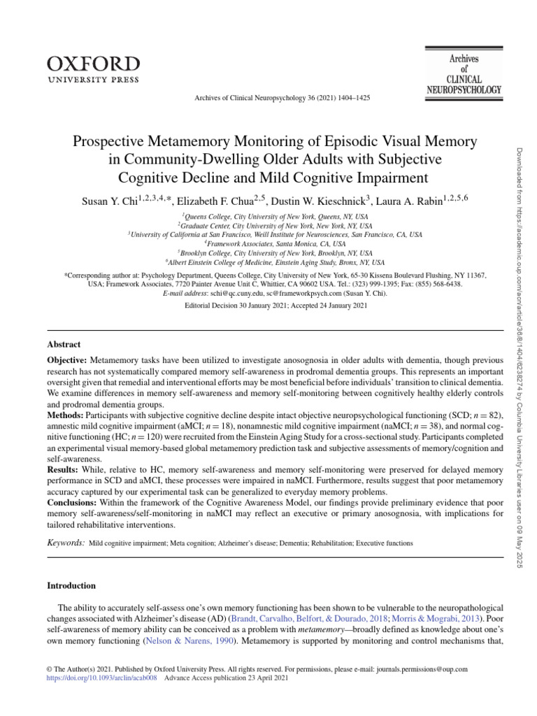 Metamemory in Older Adults with Cognitive Decline | PDF | Analysis Of ...