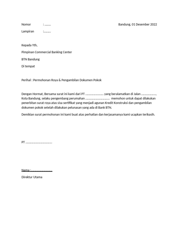 Permohonan Roya ke Bank BTN | PDF