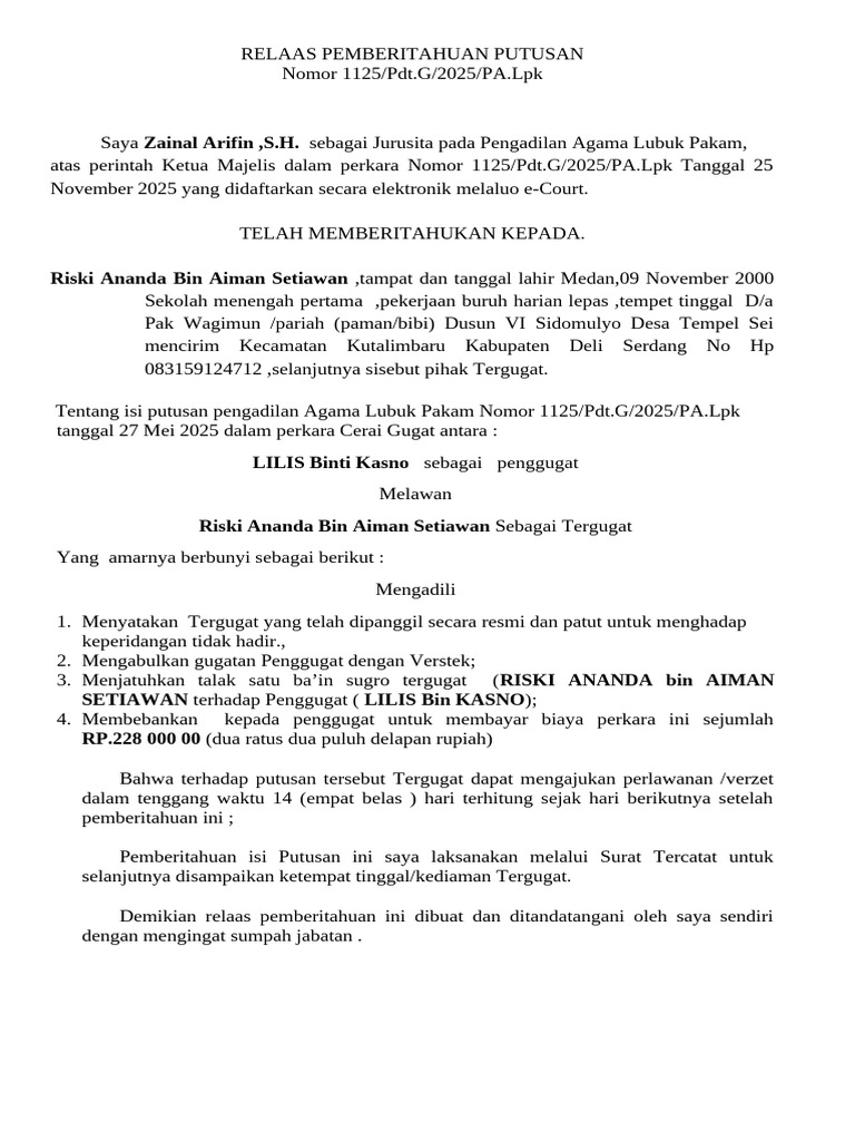Relaas Pemberitahuan Putusan | PDF