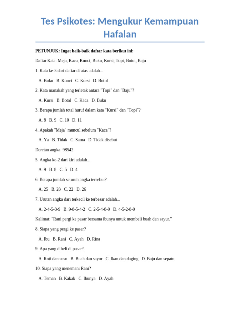 Tes Psikotes Hafalan Kata dan Angka | PDF