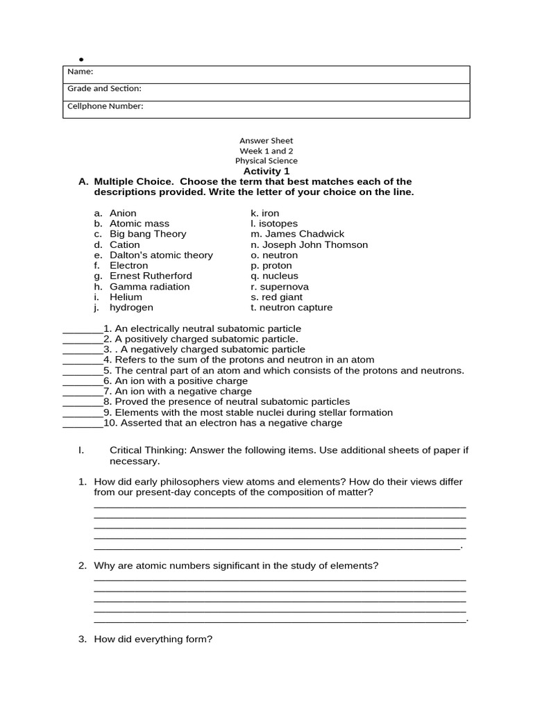 Physical Science Activity Answer Sheet | PDF | Atoms | Neutron